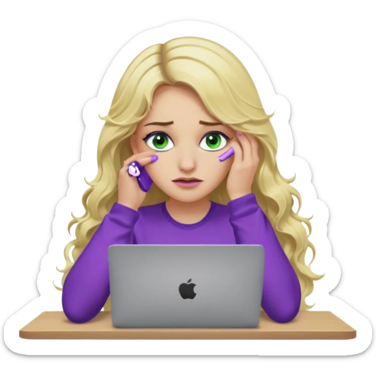 lady with long wavy blonde hair, purple top, green eyes, elbow on desk with hand on face, with a purple mac laptop tears down face. sticker
