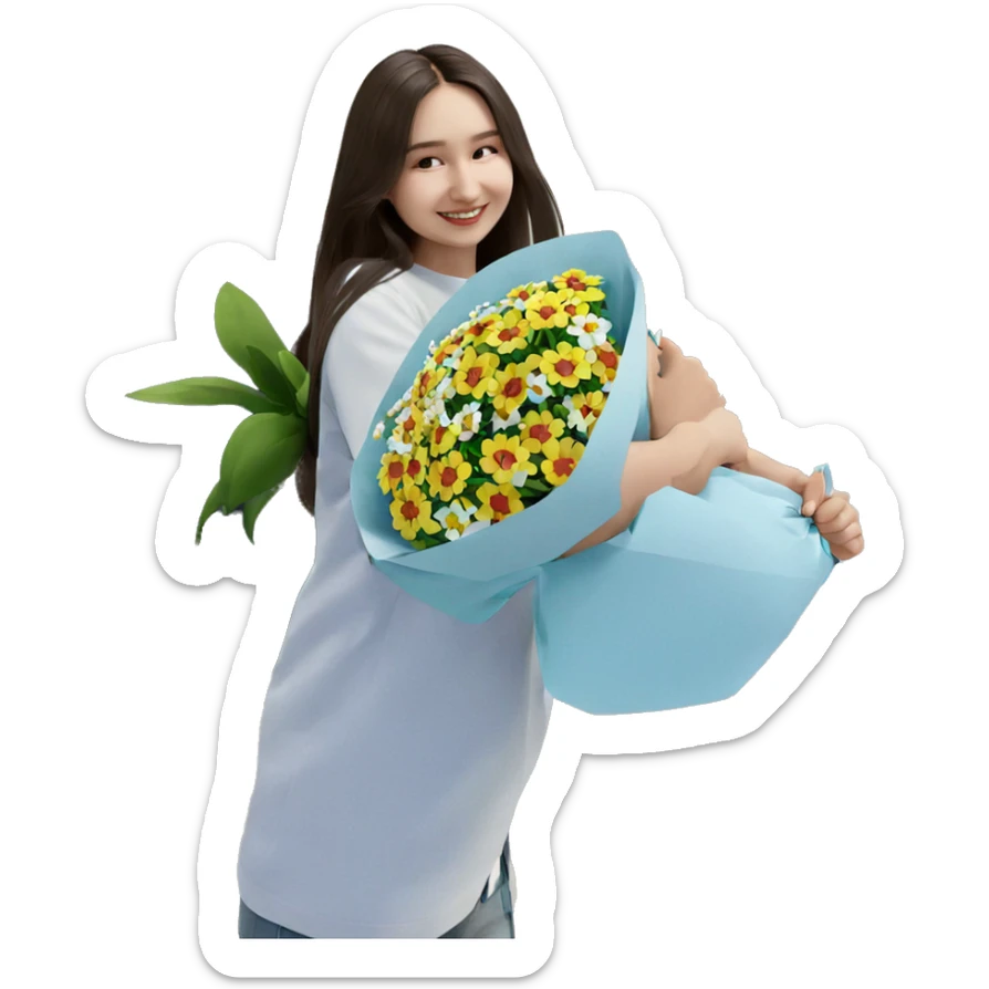 smiling girl with flower bouquet sticker