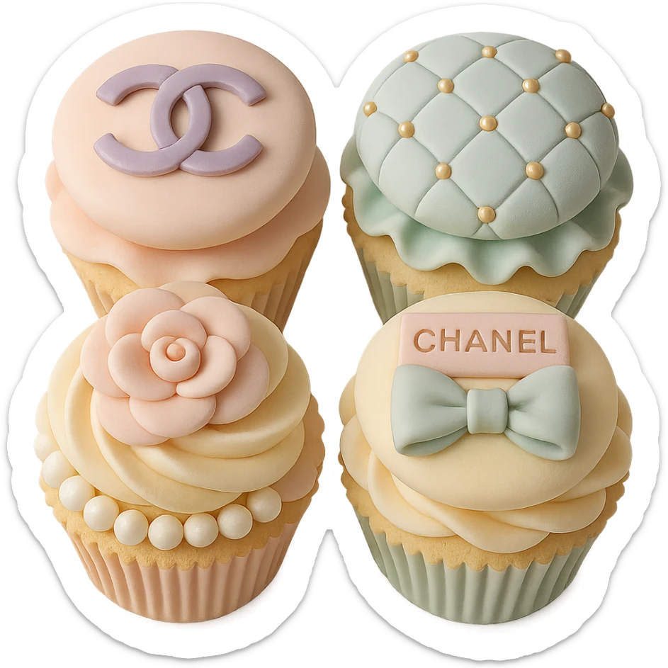 Chanel-themed pastel cupcake set in fondant cake art style, each with a different edible logo or accessory sticker