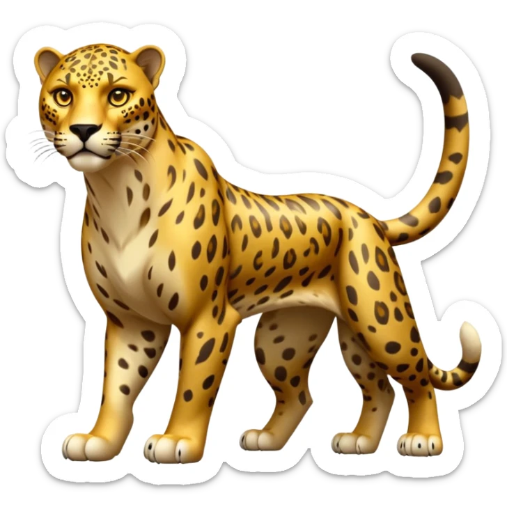 cinematic-jaguar-realistic-full-body-standing-emoji,-muscular-and-stealthy-frame-ready-to-pounce,-long-tail-curving-slightly,-head-tilted-dramatically,-sleek-golden-fur-with-dark-rosettes,-piercing-yellow-eyes,-simplified-yet-realistic sticker
