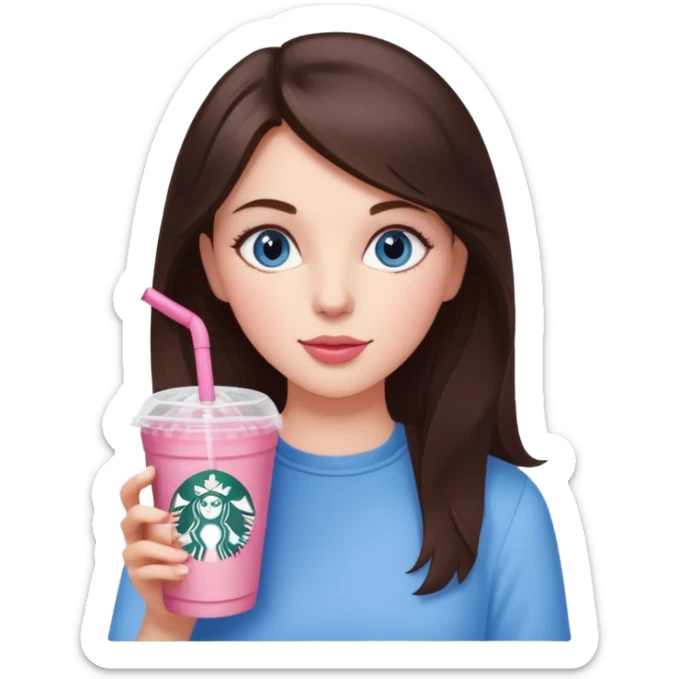 make an emoji of a brunette blue eye girl wearing light pink drinking a strawberry acai refresher from starbucks sticker