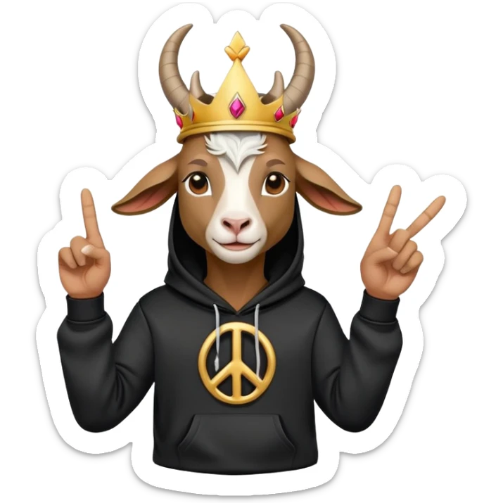 Goat with horns wearing black hoodie and a royal crown peace sign sticker