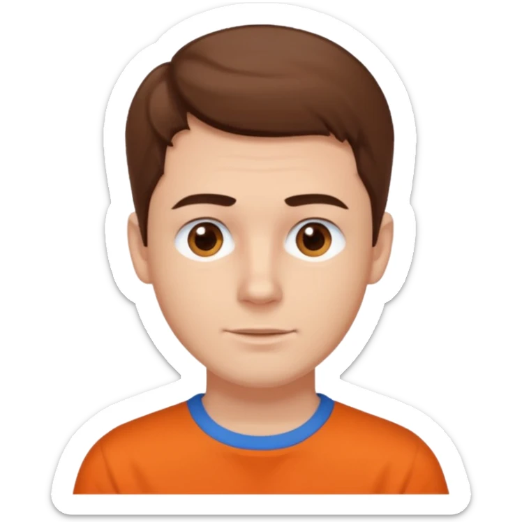 male, white skin, brown hair, brown eyes, orange shirt and blue collarbone sticker