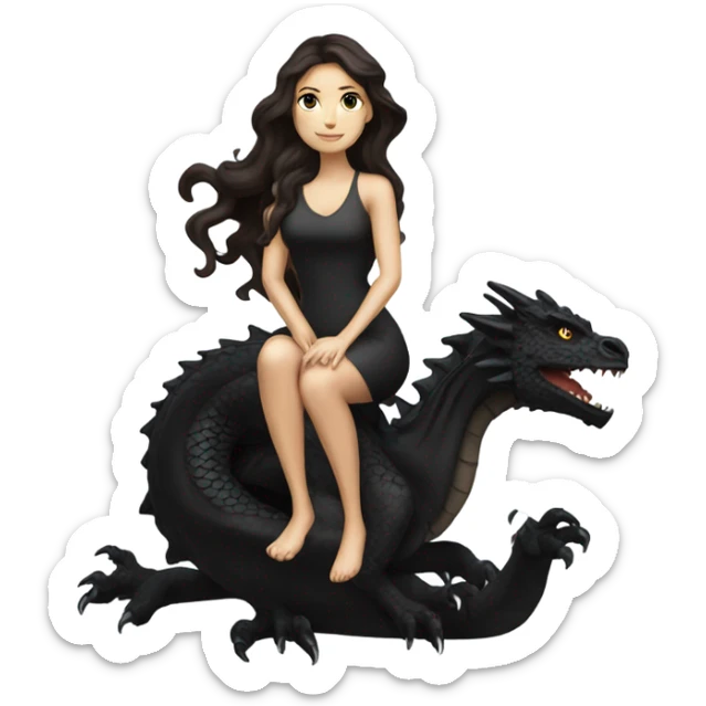 Beautiful white woman with long wavy dark brown hair riding a black dragon sticker