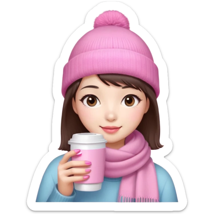 Cute East Asian girl, soft fair skin, big brown eyes, long lashes, natural pink lips, inward brown bob with straight bangs. Wearing pink beanie and scarf, rosy cheeks, shy smile, holding warm drink, pink nail sticker