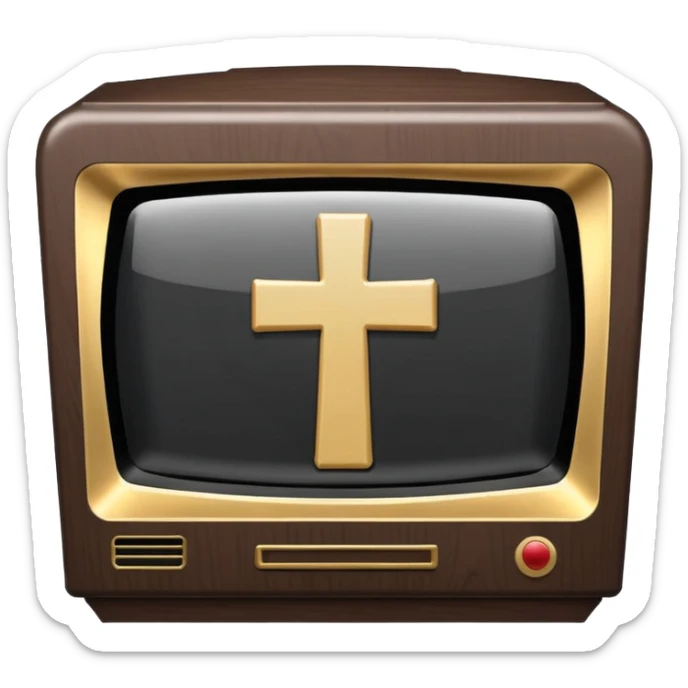 Minimalist emoji-style sticker of a CRT TV in the shape of a coffin, with a cross or static noise on the screen. Desaturated design.  sticker