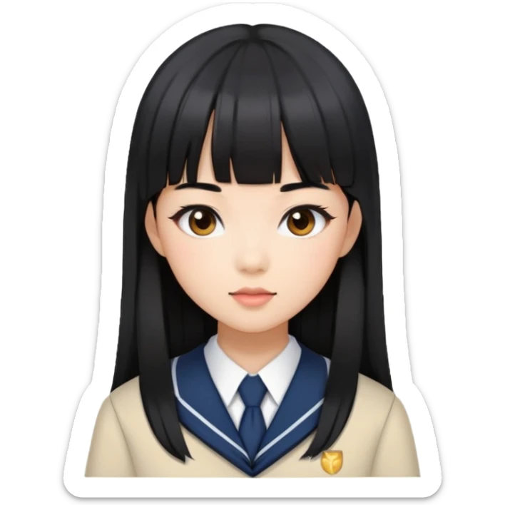 stylish woman with Asian skin, school uniform, long straight black hair with bangs, and soft makeup sticker