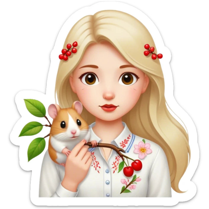A Ukrainian girl in a white embroidered shirt holds a branch with a blossoming cherry and a hamster sticker