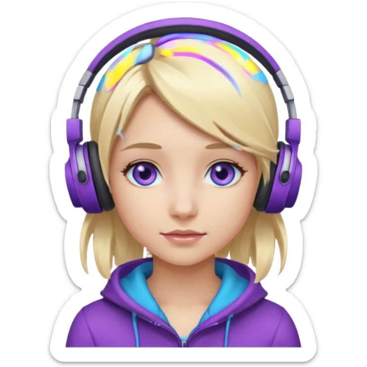 girl blond hair with purple highlights in hair blue eyes and wearing headphones sticker