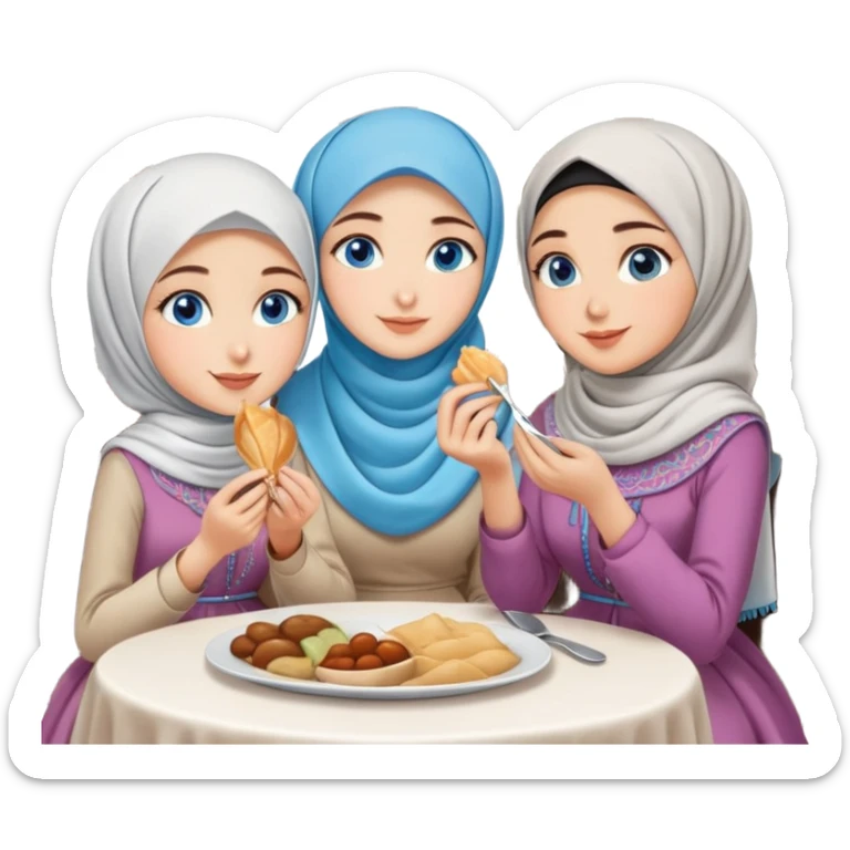 Turkish beautiful finish Konya girls blue eyes with lovely hijab long tail dress and the two friends sits on the chair on the ground and eating the food in the restaurant  sticker