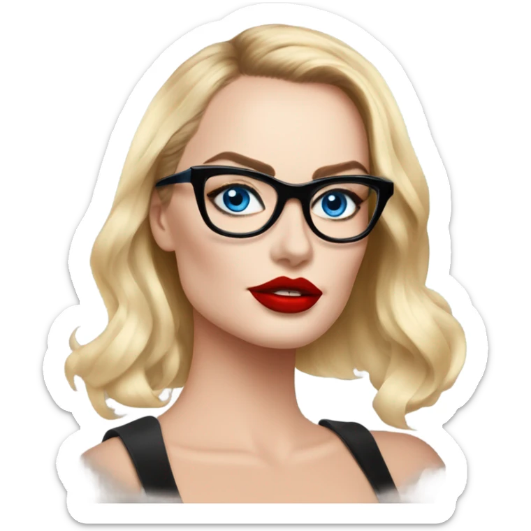 Real Margot Robbie, bright blue eyes and winged eye liner, red kisses, wearing black glasses  sticker