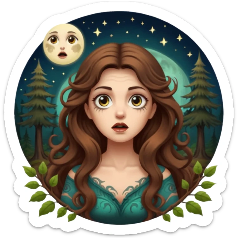 shocked forest mystic woman long wavy brown hair tattoos wide eyes moon glow sticker