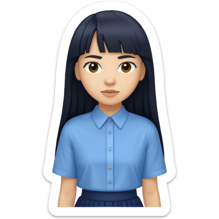 hair : black long hair with fringe 
skin : light 
cloth : oversize light blue shirt + navy long long skirt 
 sticker