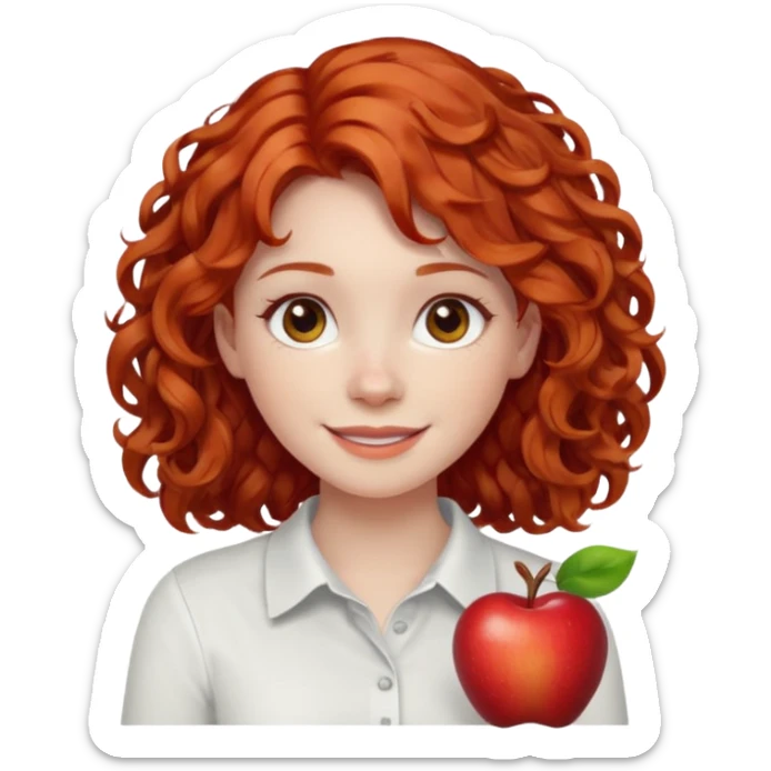 girl with shoulder length curly apple red hair with brown eyes and pale skin smiling sticker