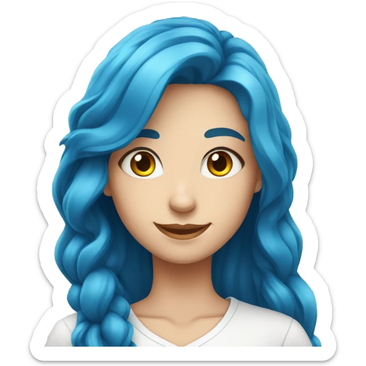 An attractive and impressive girl of European appearance with long blue hair and a white shirt smiles sticker