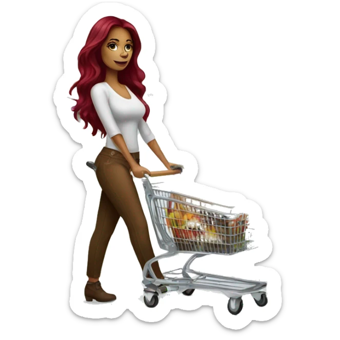 Beautiful tattooed burgundy long haired woman pushing shopping cart sticker