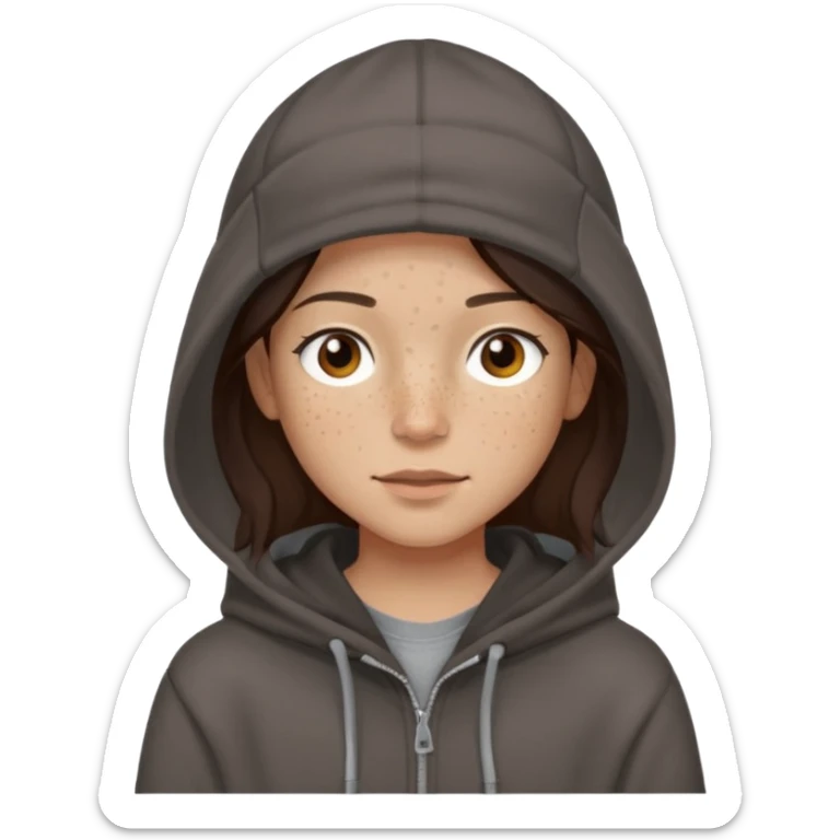 Hobo tomboy with light skin, freckles, shoulder-length center-parted dark brown hair. brown eyes, dark dull brown hoodie, grey shirt. Flat brimmed hat sticker