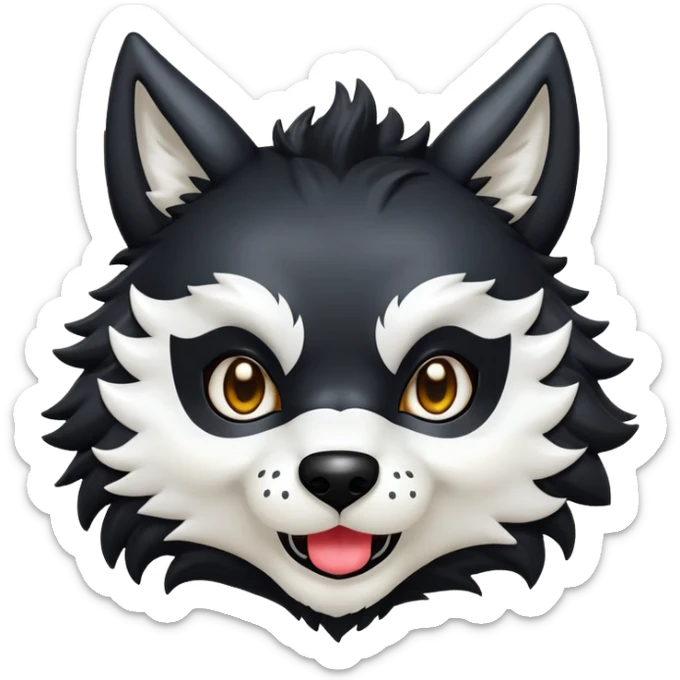 Create a cute, expressive emoji of Puro, the latex wolf from the game Changed. He should have a black, fluffy body, a white mask-like face, large expressive eyes, and pointy ears. The emoji should be in a chibi art style, with a transparent background, suitable for use in messaging apps. Depict Puro showing a joyful expression. sticker