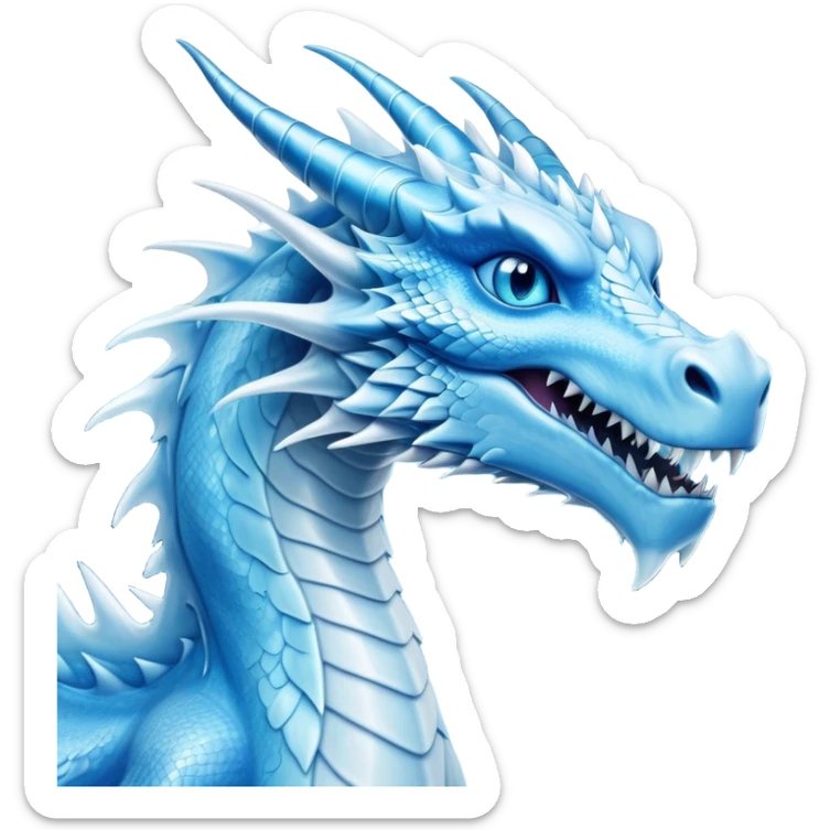 Cinematic Noble very elegant slender Ice Dragon Portrait Emoji, Poised and imposing, distinct long elegant snout, with a slender, scaled body shimmering in glacial hues of icy blue, frostbitten silver, and crystalline white, breathing out frost, with piercing, glowing ice blue white eyes that radiate the chilling depths of an arctic storm; rendered in detail. excuding wisdom sticker
