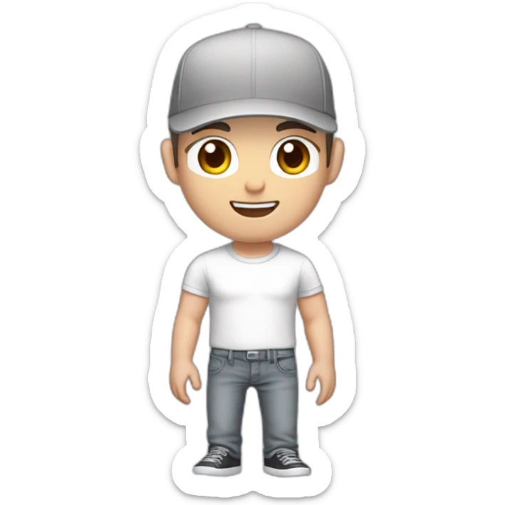 Pale skinned fit Man with dark brown hair in a white cap, gray jeans and gray polo T-shirt keeping a pasted with tape white box into his hands sticker