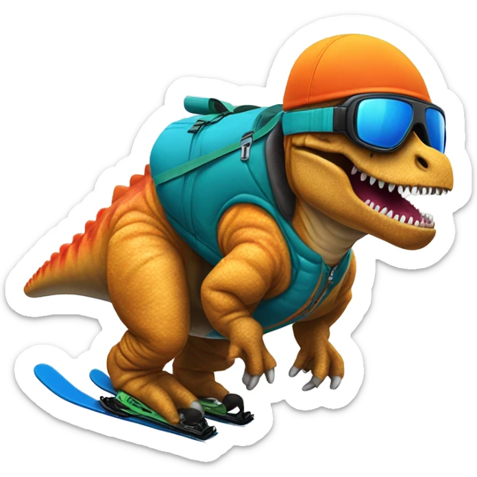 Tyrannosaurus downhill skiing wearing a puffer vest, vibrant colors sticker