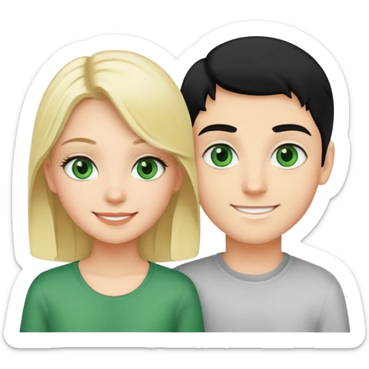 Smiling couple of blonde girl with green eyes and boy with black hair and green eyes sticker