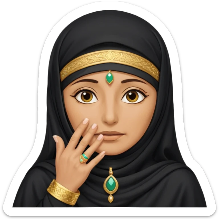 an old emirati women wearing traditional cloths covers her face with burg'a a;; the cloths and burqa'a are black sticker