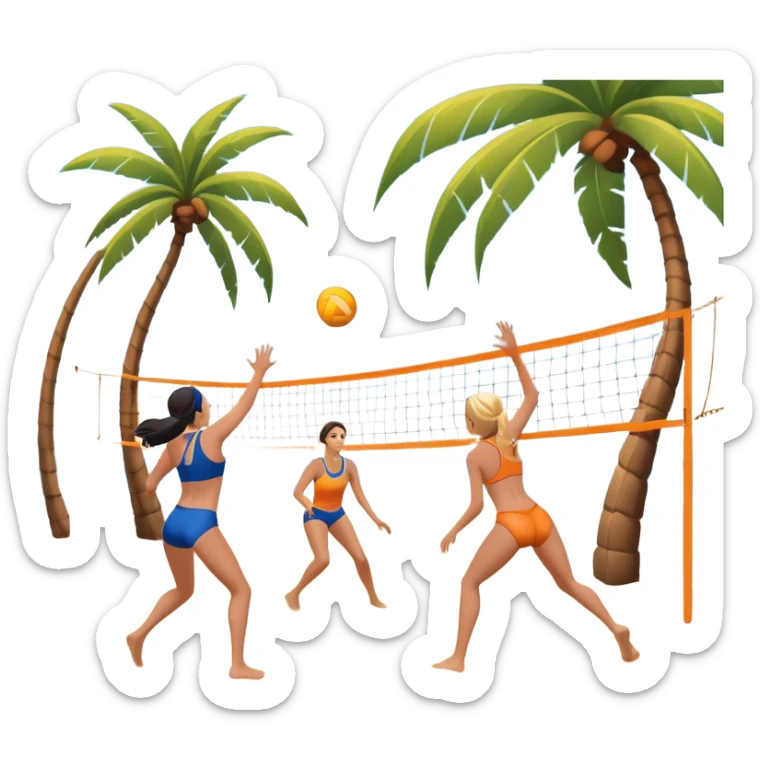 A volleyball resting on the orange sand of a beach, with a volleyball net in the background. The scene includes a beautiful beach landscape with blue sea, sky, and palm trees, while a couple of women in swimsuits play in the distance, capturing the relaxed yet competitive vibe of beach volleyball. sticker