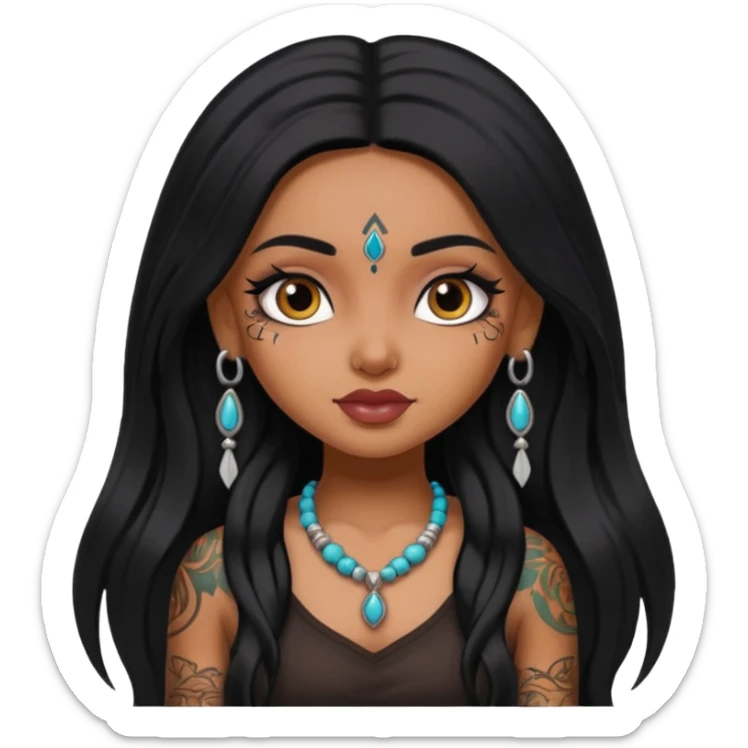 an ios genmoji for a pretty bratz indian girl with black long hair  tattooed, beautiful girl sticker