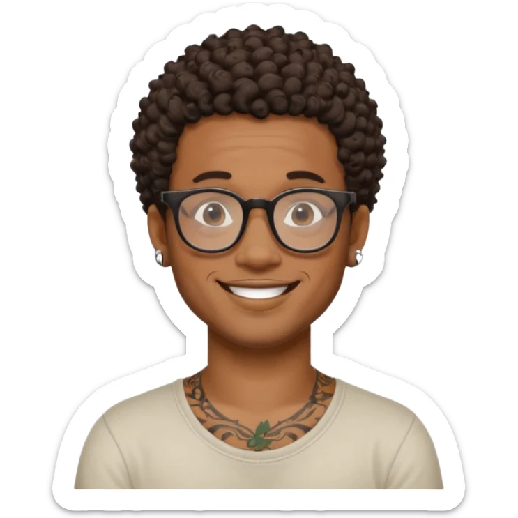Black man, short curly hair, black glasses, small neck tattoo, smiling, artistic and adventurous vibes sticker