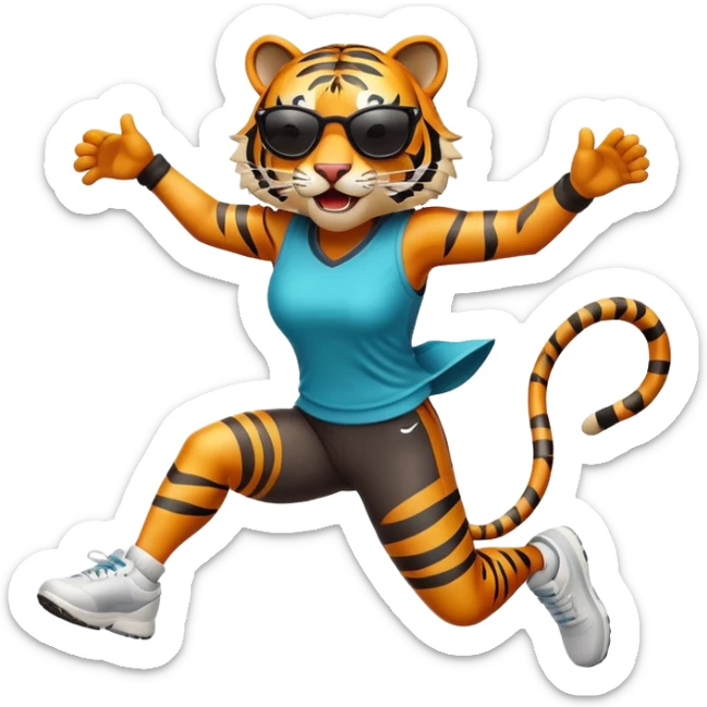 female energetic anthropomorphised tiger in sports clothes, wearing dark sunglasses, jumping with excitement sticker
