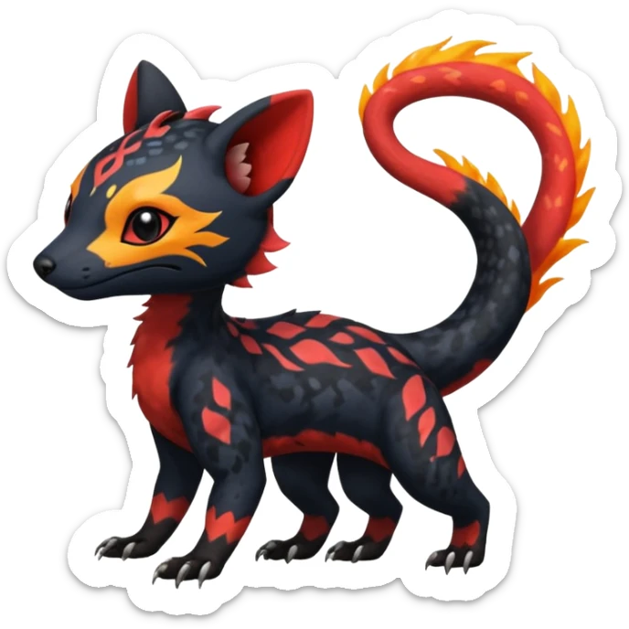 Rare exotic realistic cute epic aesthetic gothic colorful Salandit-Litten-Quilava-Civet-species-Fakemon-hybrid-creature, with markings, full body sticker