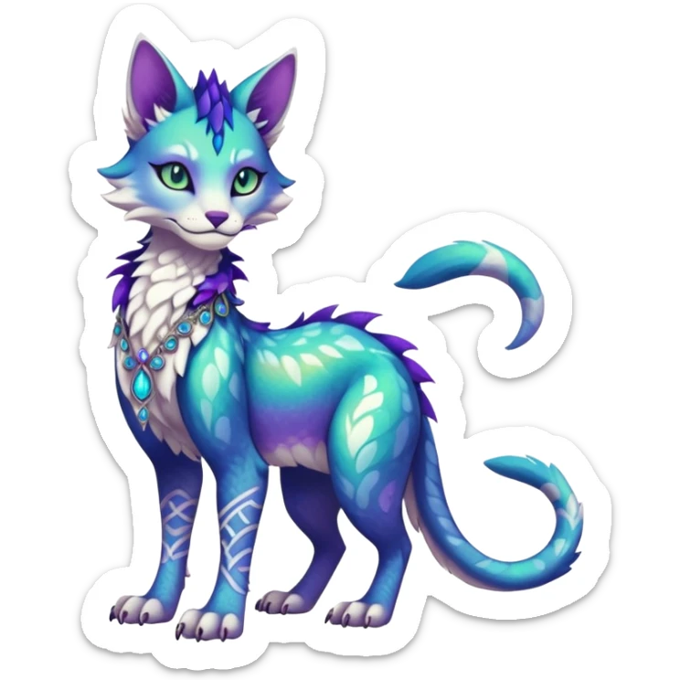 Kawaii iridescent beautiful pretty elegant divine edgy fantasy feline-vernid-sergal-fursona-animal-creature with accessories, full body, with intricate detailed markings sticker