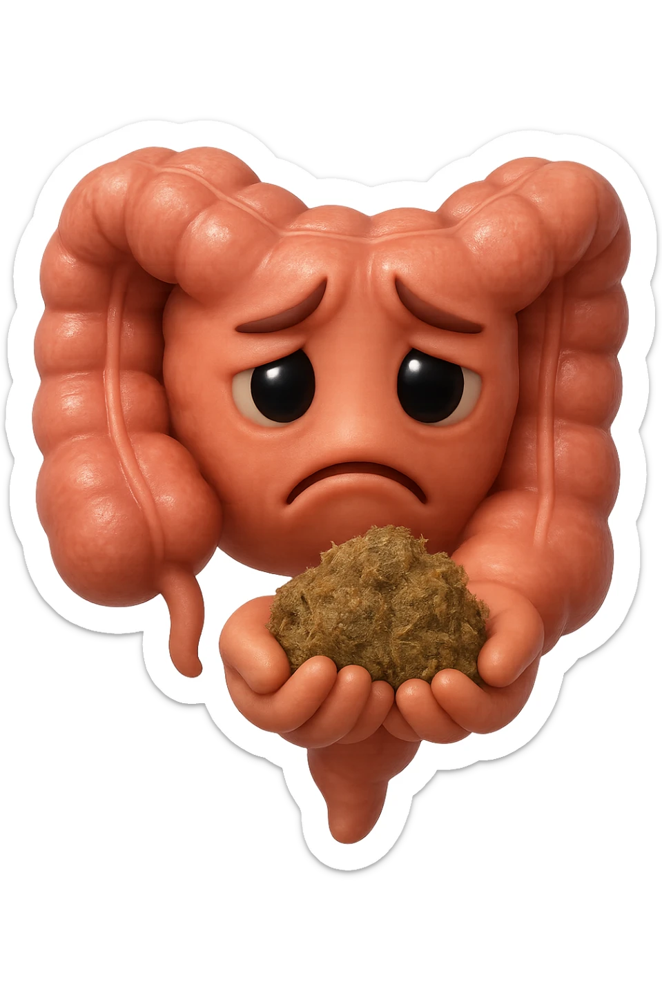 EMOJI STILE IPHONE 3D DI un intestino con espressione triste mentre tiene in mano delle fibre fermentate a poltiglia, FALLO MOLTO REALISTICO IN 3D sticker