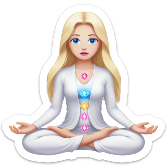 A cinematic realistic blonde with long hair, blue eyes, pink lips in white clothes meditates, her chakras glow sticker