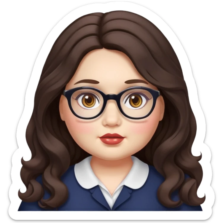  woman, long dark brown wavy hair, very light fair skin, hazel eyes, glasses, very chubby, doll style face,  sticker