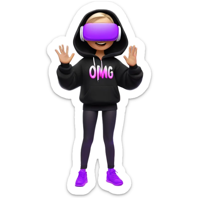 Russian girl wearing black hoody with violet letters "OMG", in vr headset oculus quest2. Dancing. Cyberpunk style. Violet neon. sticker