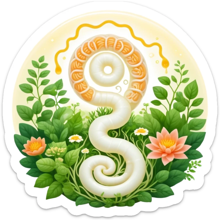 Magical garden with yogurt, kimchi, and kombucha appearing as glowing plants. A spiral intestine forms the center path, with golden beneficial bacteria floating like pollen and light seeds. The scene has an ethereal, dreamy quality representing the inner ecosystem. sticker