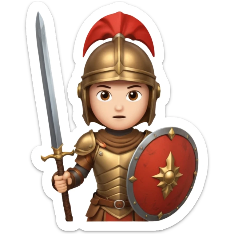 An emoji of the Roman god Mars. He is a warrior with a helmet and armor, holding a sword and shield, with a fierce expression. sticker