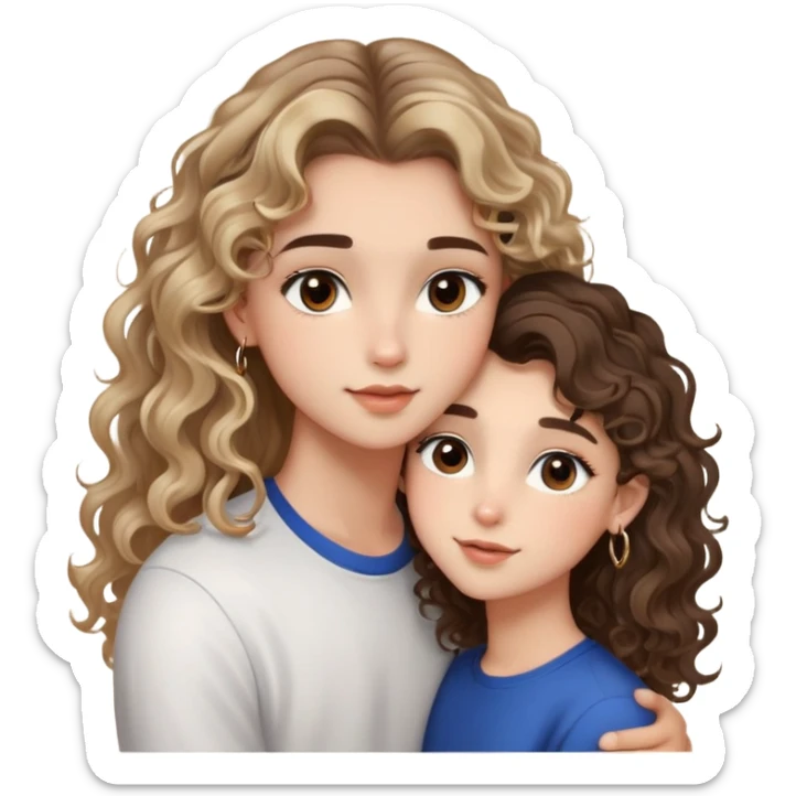 cute girl (long brunette balayage curly/wavy not voluminous hair, brown eyes, hoop earrings, natural pretty clean makeup): kissing on the cheek a cute boy (blondish SUPER STRAIGHT hair and brown eyes and a cute face) sticker