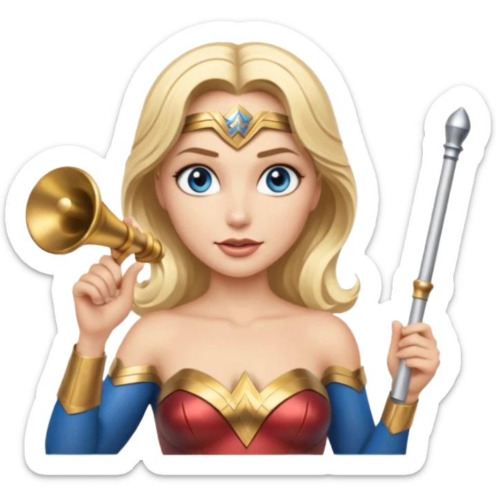 Blonde blue eyed Wonder Woman holding white orchestra conductor’s baton and bell  sticker