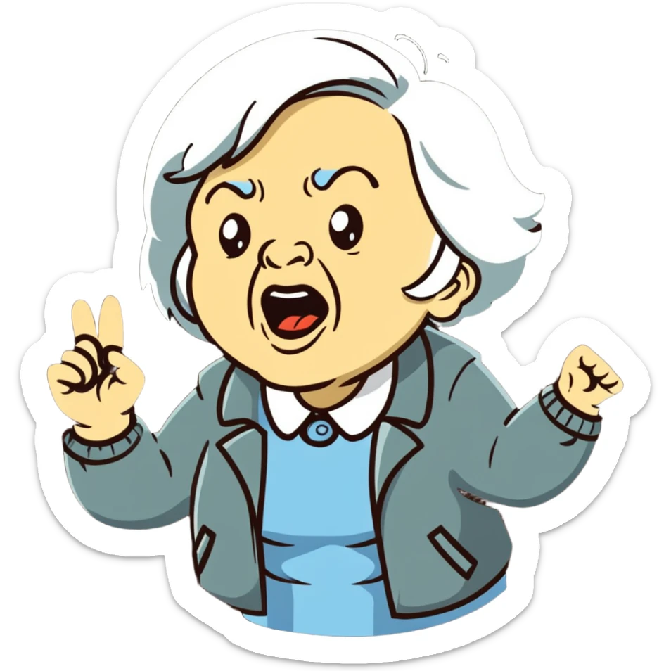 mean Karen, old yelling lady with blonde hair and a jacket sticker