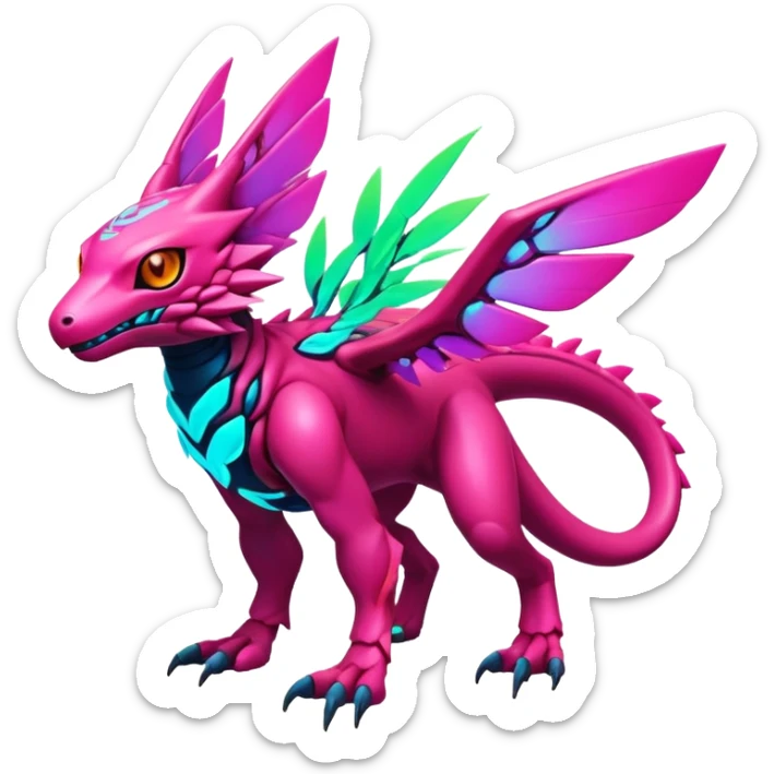 Tropical futuristic lush warm-colored colorful neon Fakémon-Digimon-Trico-Vernid-creature sticker