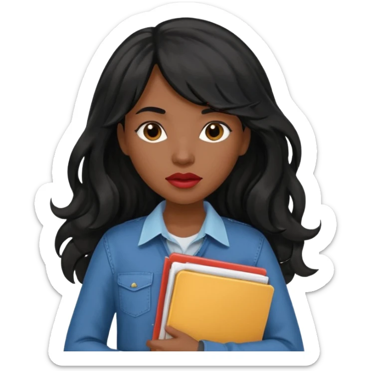 A young woman with long black hair, a wavy frange falling on half of her head. She's black, medium to dark skinned with thick lips. She's holding folders, because she's a CEO, but she's wearing casual clothes. sticker