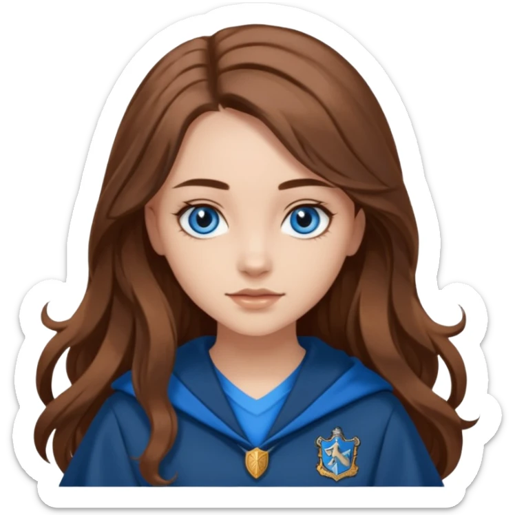 gorgeous Girl with light skin, blue eyes, long brown hair, wears a ravenclaw outfit sticker