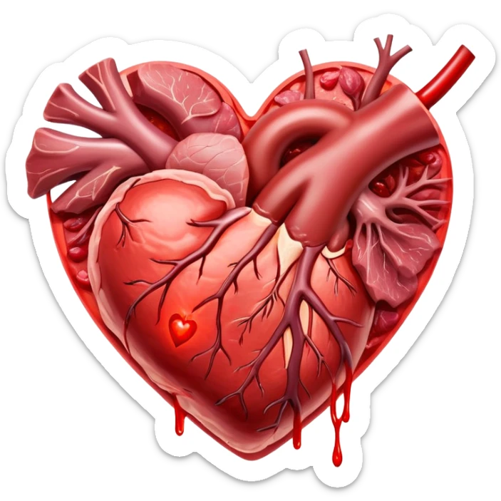 Glowing pieces of red meat and liver floating around a bright red heart and shining blood cells. Red energy streams connect the meats to the blood and heart, showing how heme iron creates vitality and supports circulation throughout the body. sticker