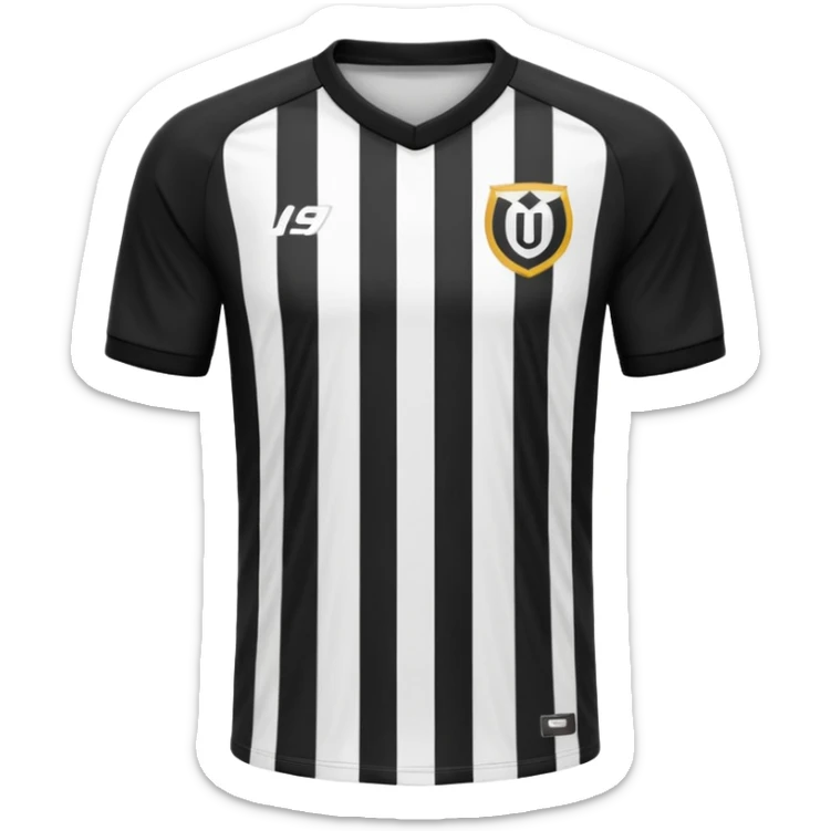 Soccer jersey emoji, cartoon emoji style, front view, black football shirt with a bold vertical white stripe in the center, clean and minimal design, no logo, no sponsor, short sleeves, black round collar, sticker