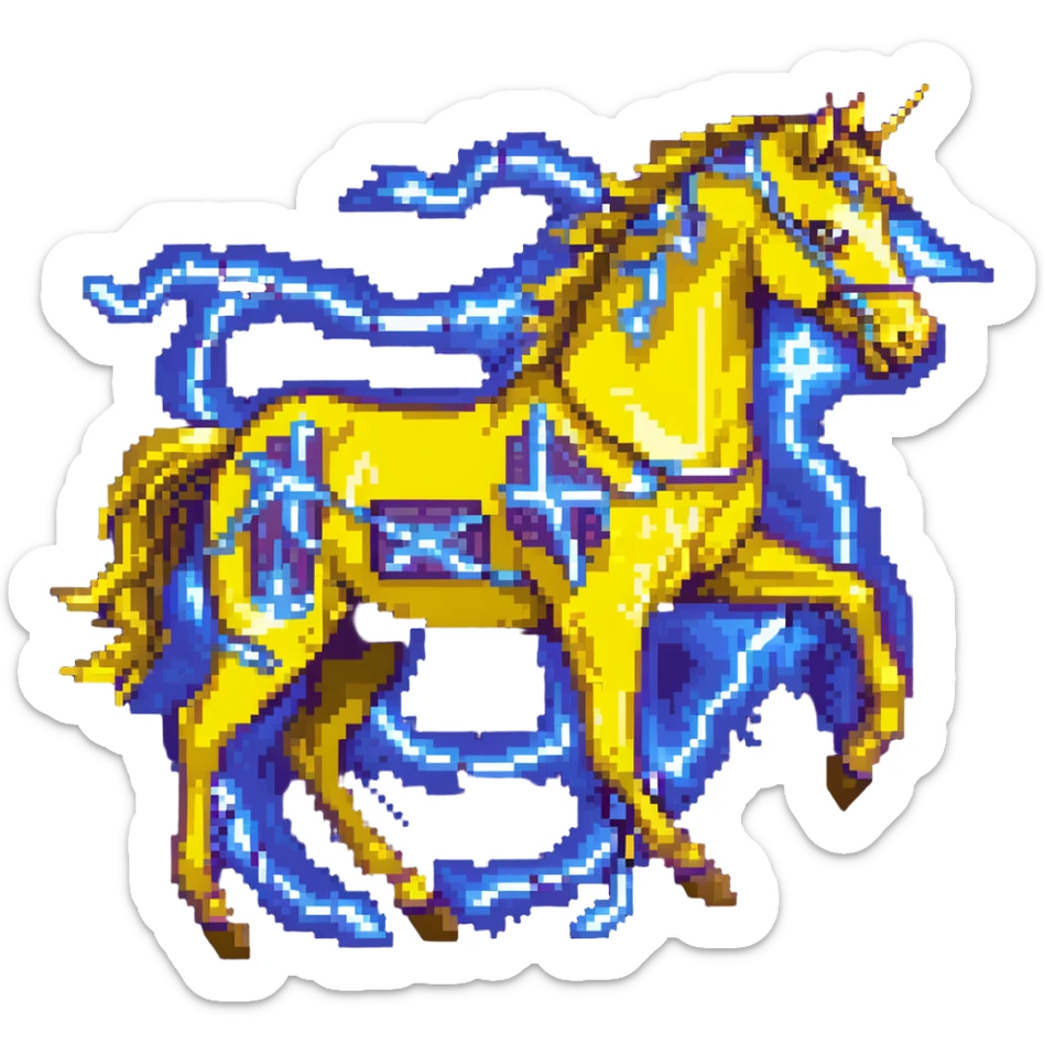 yellow fast electric horse made of electricity, bolts, visible yellow wires, lightning, blue electricity details, galloping sticker