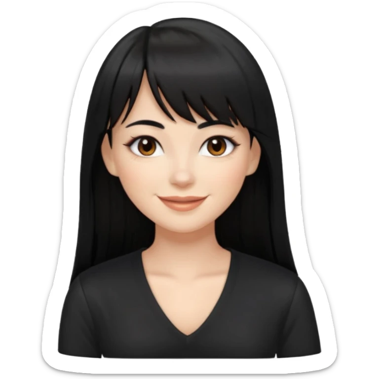 A white woman with Long straight hair with bangs, black hair, brown eyes and a black low-cut shirt smiling sticker