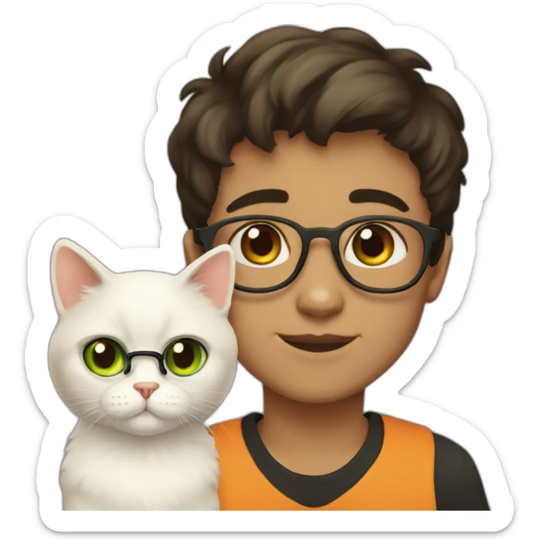 Boy with green eyes, glasses, with black short hair, with orange Persian cat sticker